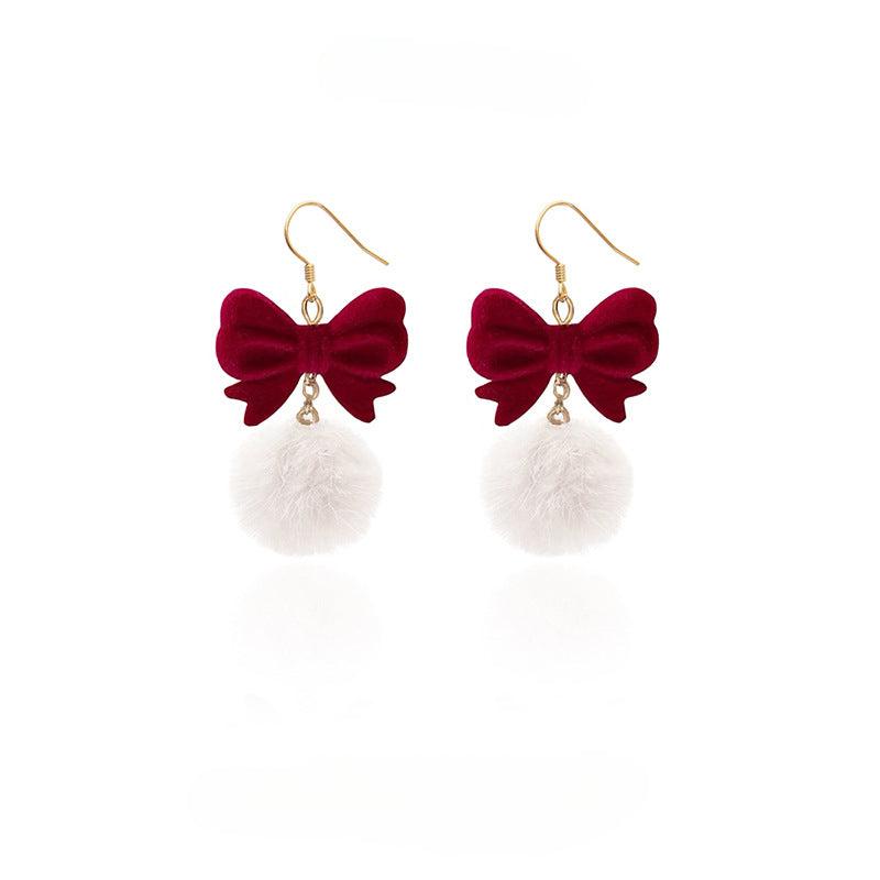 Burgundy Fur Ball Earrings Sweet Style