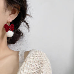 Burgundy Fur Ball Earrings Sweet Style