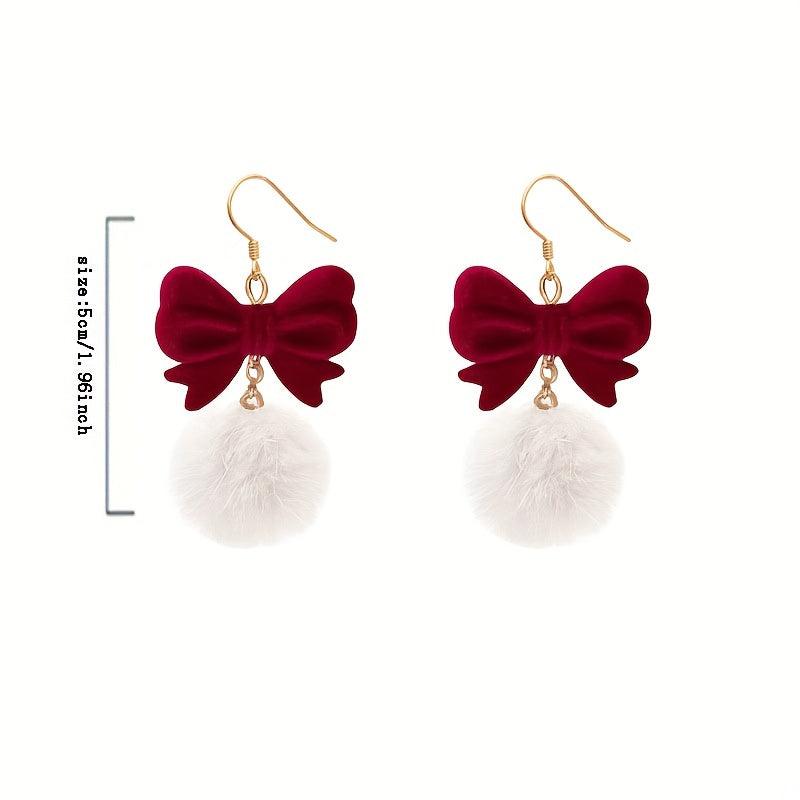 Burgundy Fur Ball Earrings Sweet Style