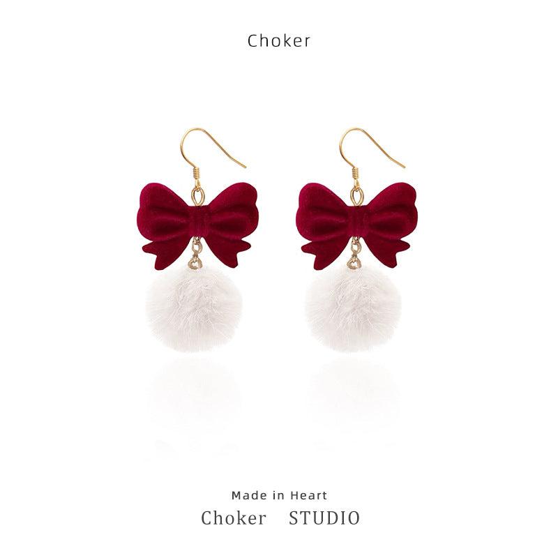 Burgundy Fur Ball Earrings Sweet Style