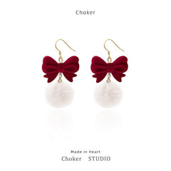 Burgundy Fur Ball Earrings Sweet Style