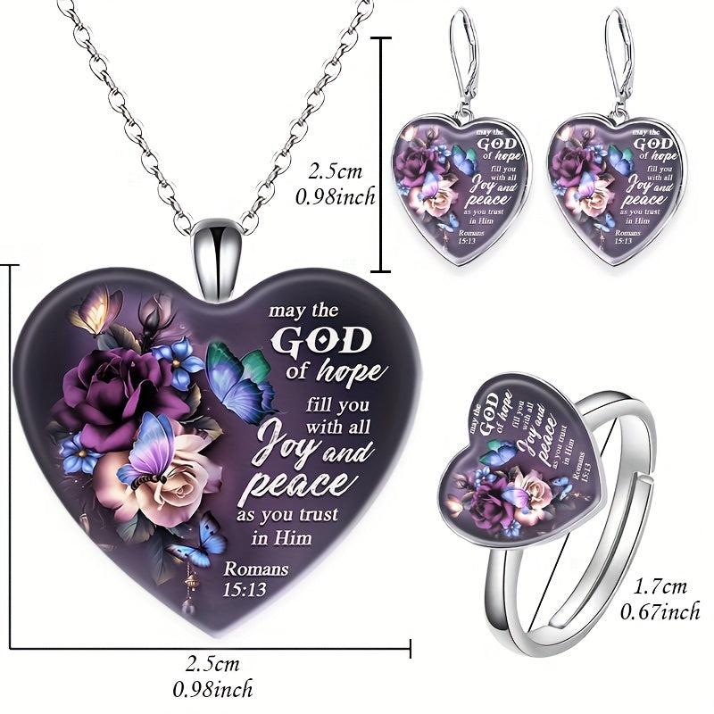 Rose & Butterfly Crystal Jewelry Set - Necklace, Ring, Earrings, Christmas Gift