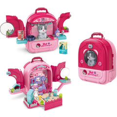 3-in-1 Pet Care Backpack Toy Set for Kids Cat Statue Toy Vet Clinic & More