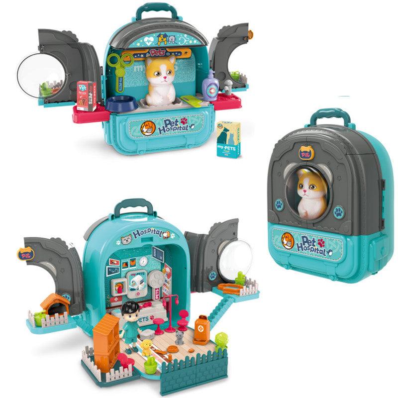 3-in-1 Pet Care Backpack Toy Set for Kids Cat Statue Toy Vet Clinic & More