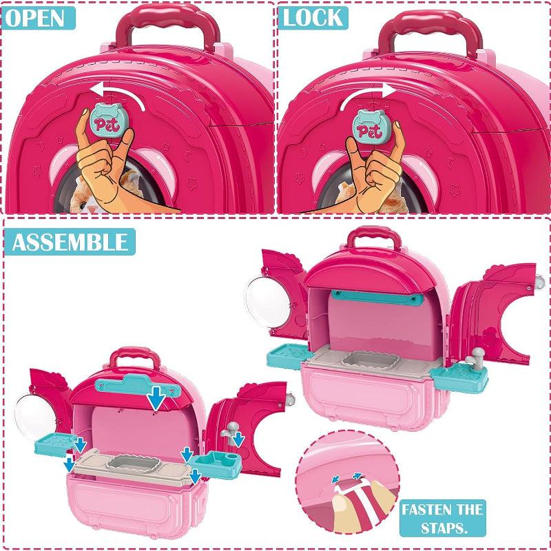 3-in-1 Pet Care Backpack Toy Set for Kids Cat Statue Toy Vet Clinic & More