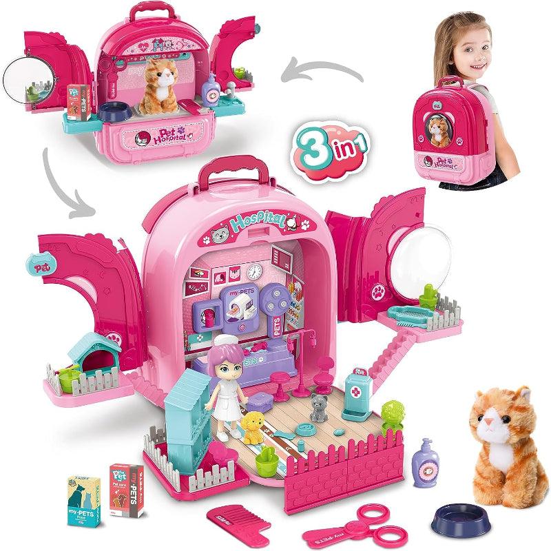 3-in-1 Pet Care Backpack Toy Set for Kids Cat Statue Toy Vet Clinic & More