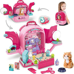 3-in-1 Pet Care Backpack Toy Set for Kids Cat Statue Toy Vet Clinic & More