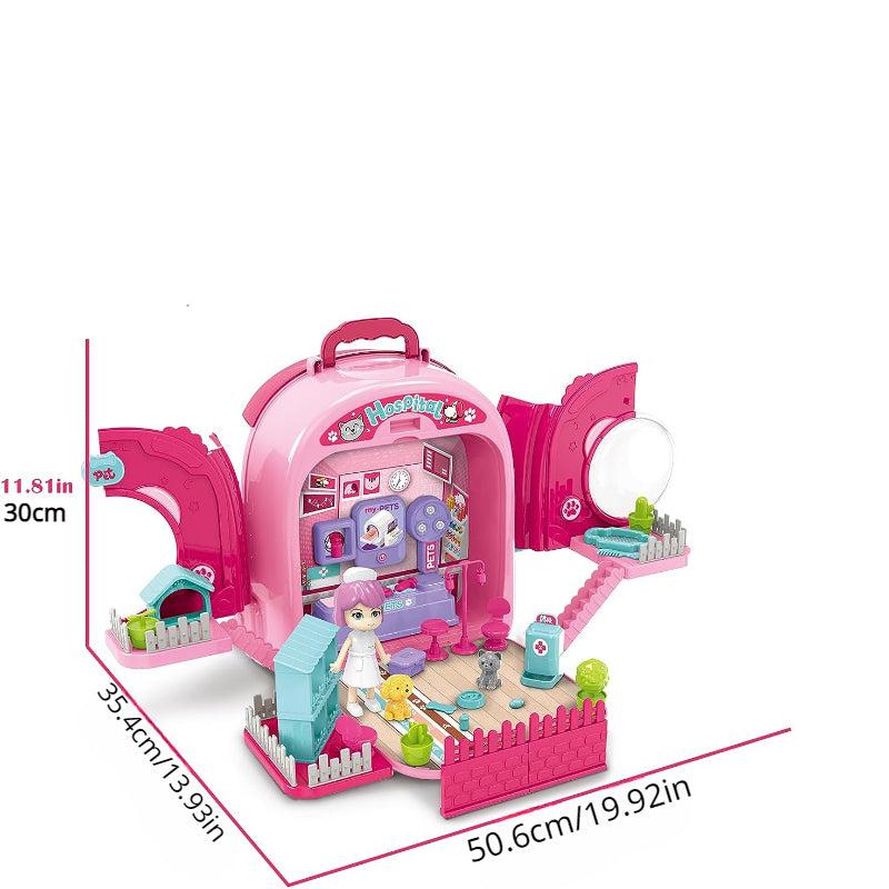3-in-1 Pet Care Backpack Toy Set for Kids Cat Statue Toy Vet Clinic & More