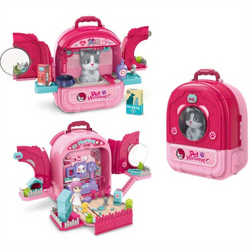 3-in-1 Pet Care Backpack Toy Set for Kids Cat Statue Toy Vet Clinic & More