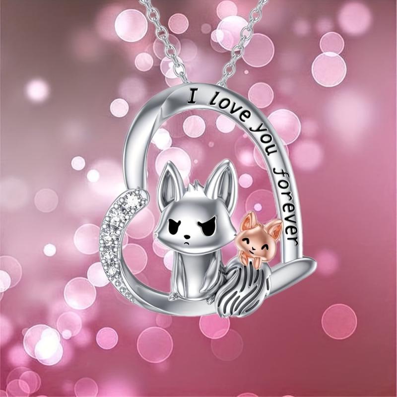 Heart Fox Gemstone Pendant Necklace Animal Charm Women Jewelry Gift
