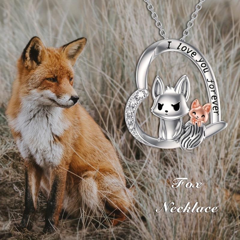 Heart Fox Gemstone Pendant Necklace Animal Charm Women Jewelry Gift
