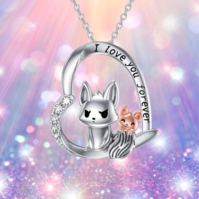 Heart Fox Gemstone Pendant Necklace Animal Charm Women Jewelry Gift
