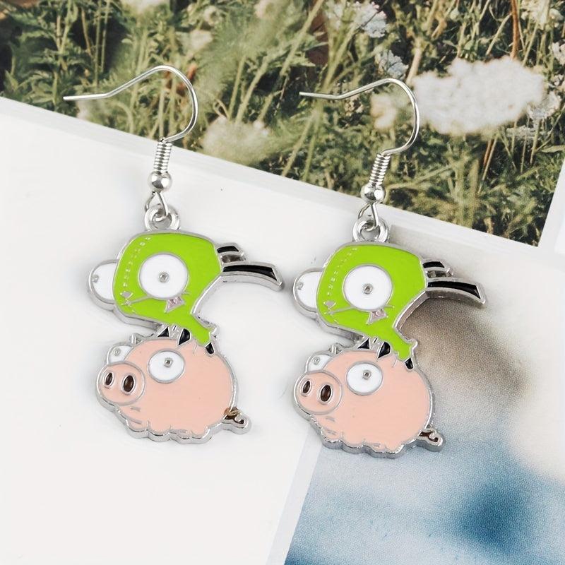 Green Pig Driving Alloy Earrings - Unisex Design