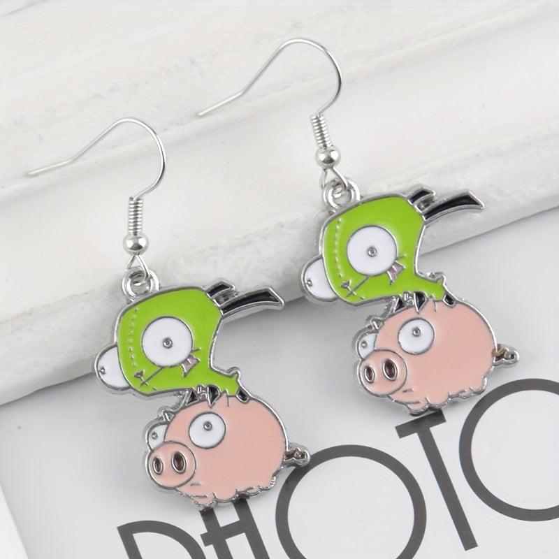 Green Pig Driving Alloy Earrings - Unisex Design