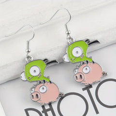 Green Pig Driving Alloy Earrings - Unisex Design