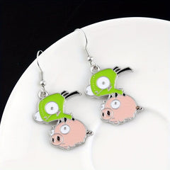 Green Pig Driving Alloy Earrings - Unisex Design