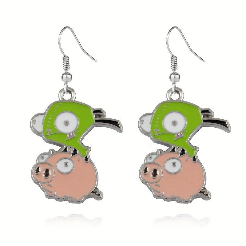 Green Pig Driving Alloy Earrings - Unisex Design