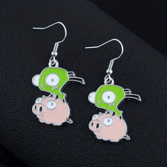 Green Pig Driving Alloy Earrings - Unisex Design