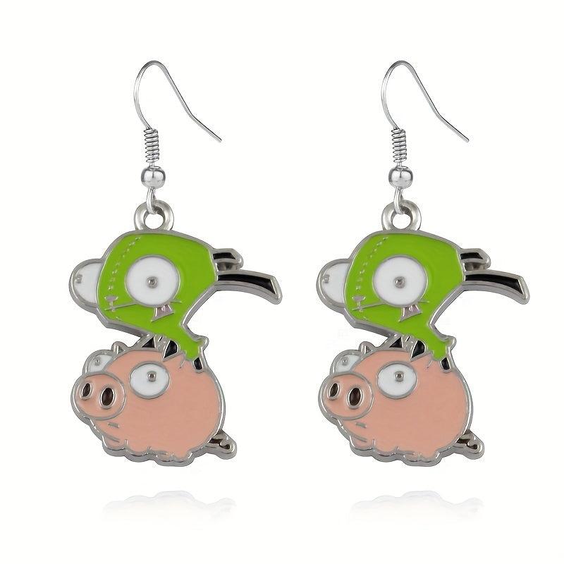 Green Pig Driving Alloy Earrings - Unisex Design