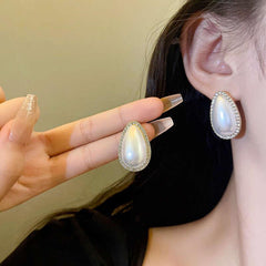 French Baroque Water Drop Shape Diamond Pearl Stud Earrings