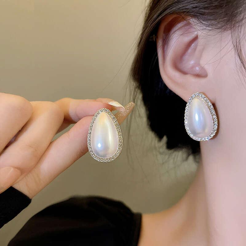 French Baroque Water Drop Shape Diamond Pearl Stud Earrings