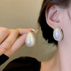 French Baroque Water Drop Shape Diamond Pearl Stud Earrings