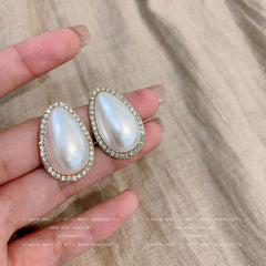 French Baroque Water Drop Shape Diamond Pearl Stud Earrings