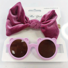 Kids Velvet Bow Headband Set with Bear Sunglasses