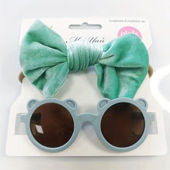 Kids Velvet Bow Headband Set with Bear Sunglasses