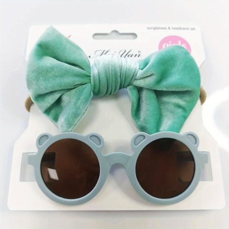 Kids Velvet Bow Headband Set with Bear Sunglasses
