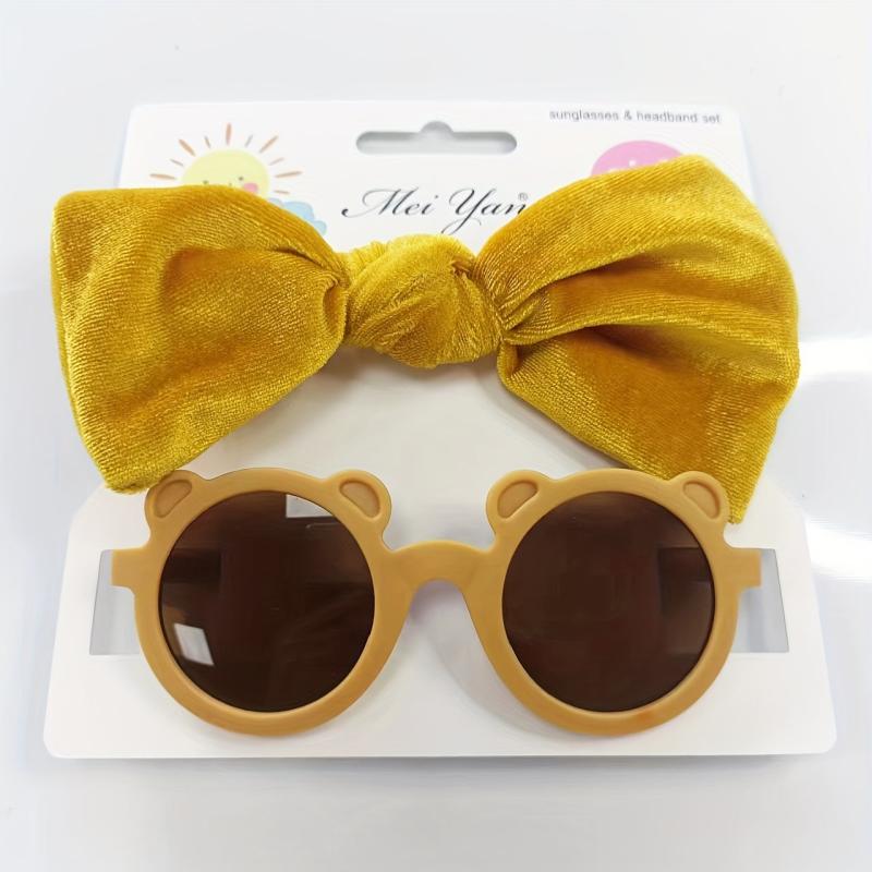 Kids Velvet Bow Headband Set with Bear Sunglasses