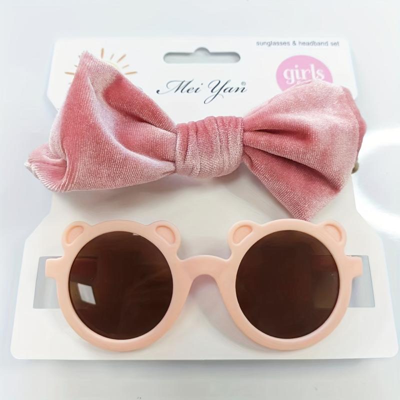 Kids Velvet Bow Headband Set with Bear Sunglasses