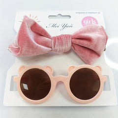 Kids Velvet Bow Headband Set with Bear Sunglasses