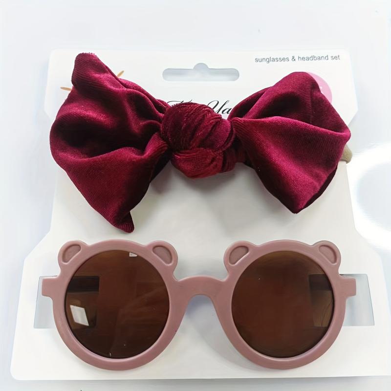 Kids Velvet Bow Headband Set with Bear Sunglasses