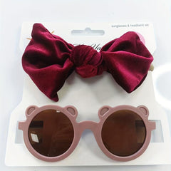 Kids Velvet Bow Headband Set with Bear Sunglasses