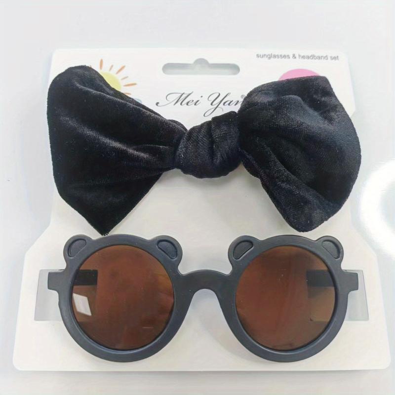 Kids Velvet Bow Headband Set with Bear Sunglasses