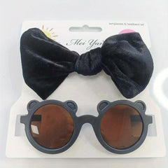 Kids Velvet Bow Headband Set with Bear Sunglasses