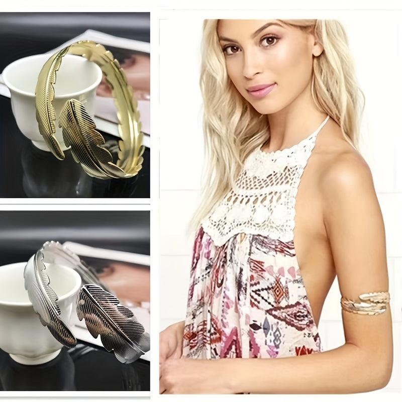 Metal Leaf Feather Arm Ring Electroplated Jewelry