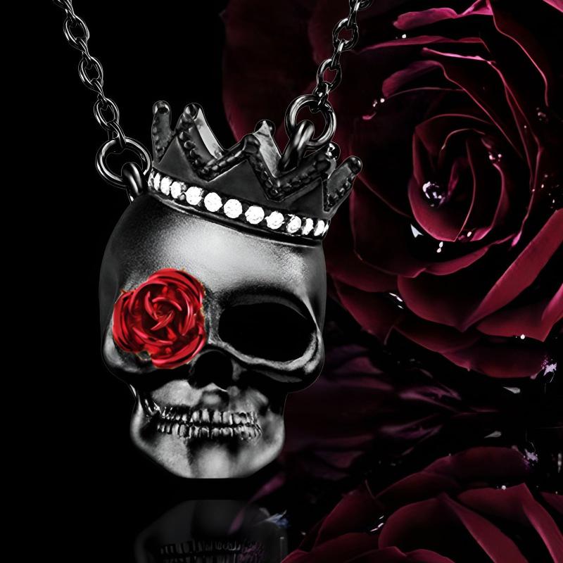 Dark Wind Halloween Crown Skull Rose Pendant Gothic Necklace