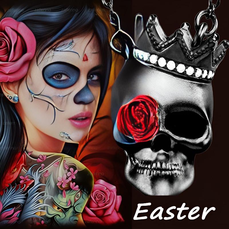 Dark Wind Halloween Crown Skull Rose Pendant Gothic Necklace