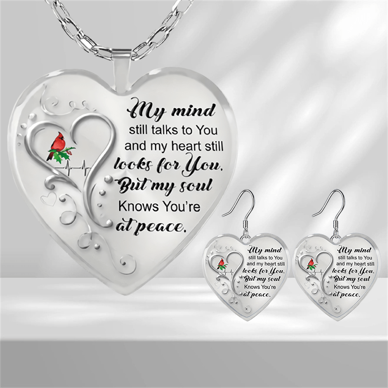 Love Heart And Cardinals Pattern Heart Shaped Glass Pendant Earrings