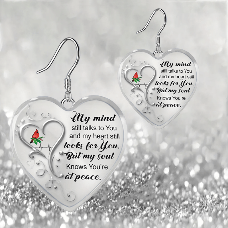Love Heart And Cardinals Pattern Heart Shaped Glass Pendant Earrings