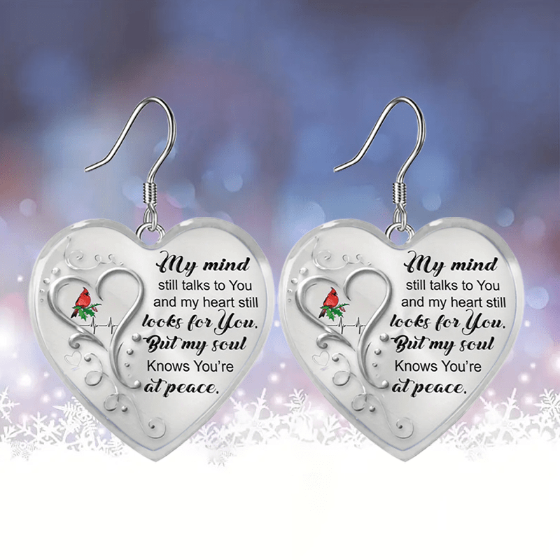 Love Heart And Cardinals Pattern Heart Shaped Glass Pendant Earrings