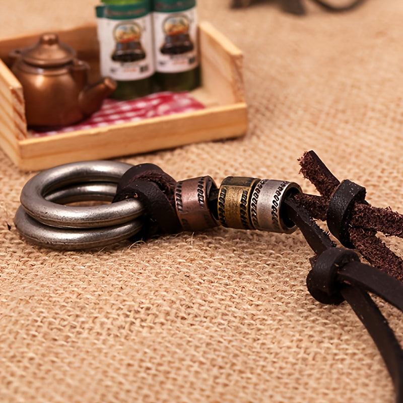 Double Ring Leather Men's Necklace Coffee