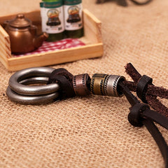 Double Ring Leather Men's Necklace Coffee