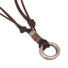 Double Ring Leather Men's Necklace Coffee
