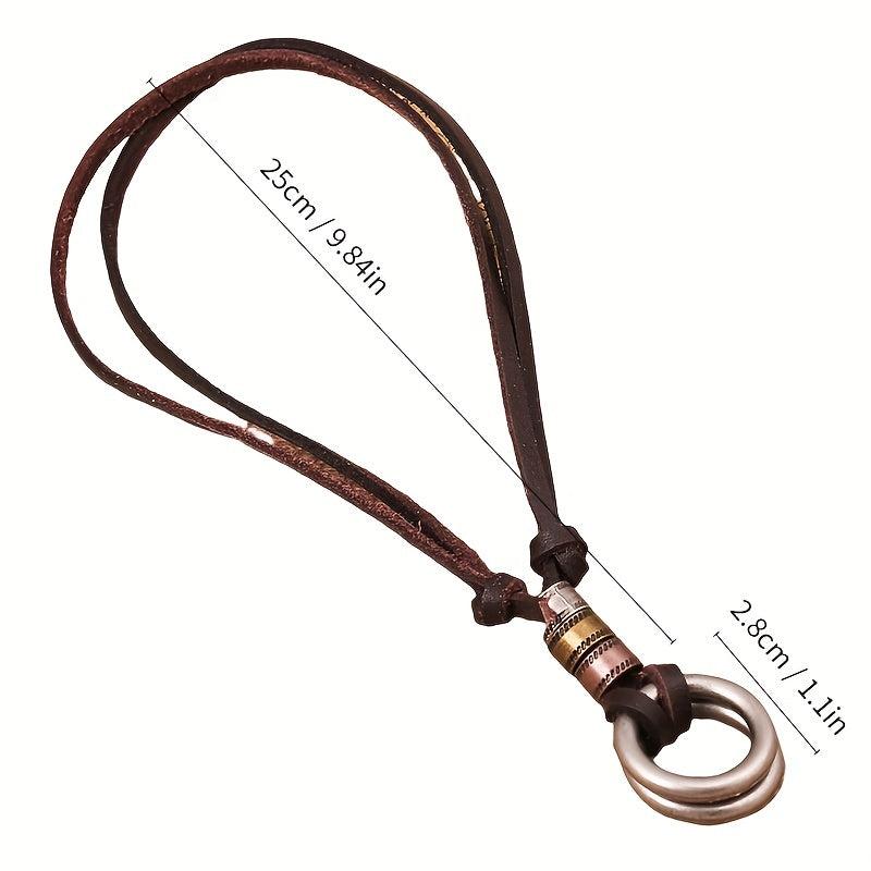 Double Ring Leather Men's Necklace Coffee