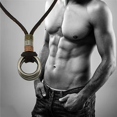 Double Ring Leather Men's Necklace Coffee