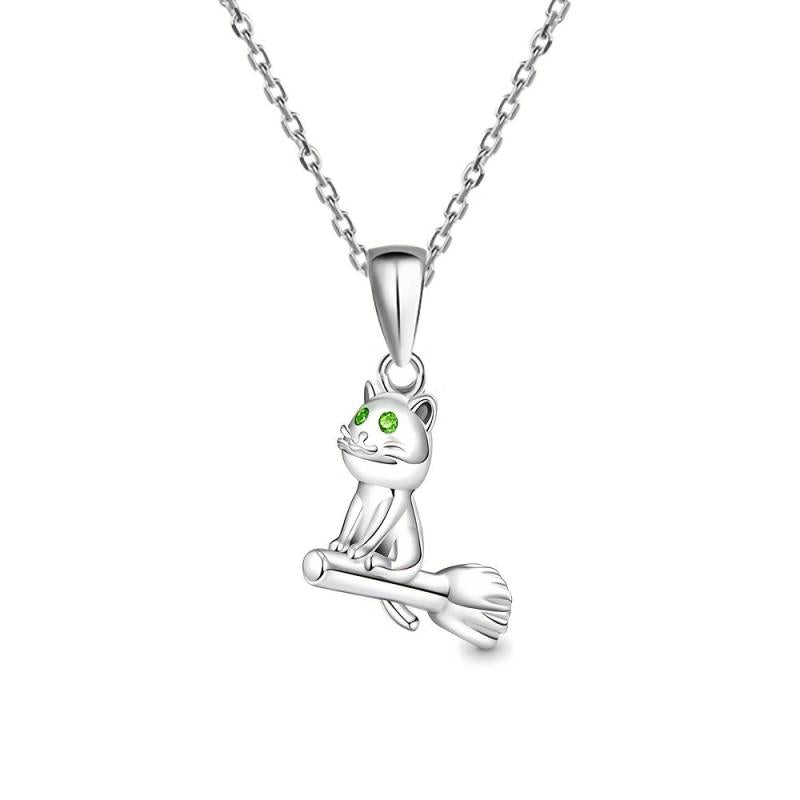 Cartoon Broomstick Cat Pendant Necklace for Women