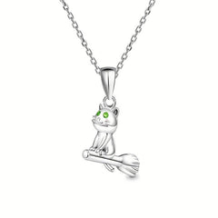 Cartoon Broomstick Cat Pendant Necklace for Women